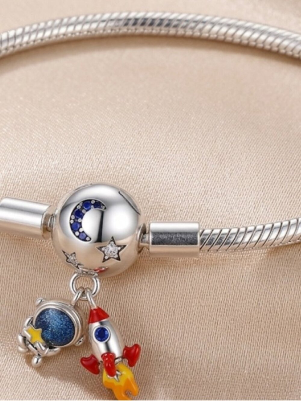 Silver Space Charm Bracelet with Rocket & Planet Dangles